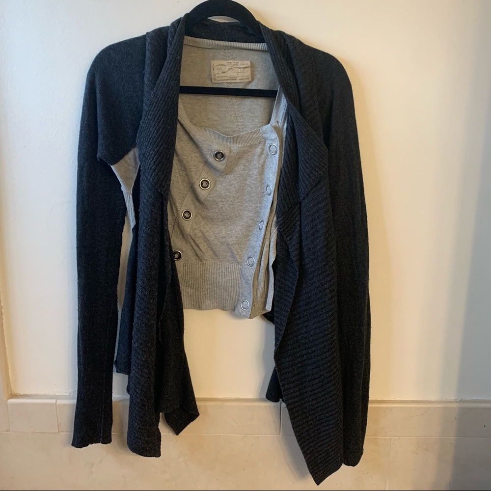 All Saints Black Draped Open Front Cardigan with Gray Inner Layer